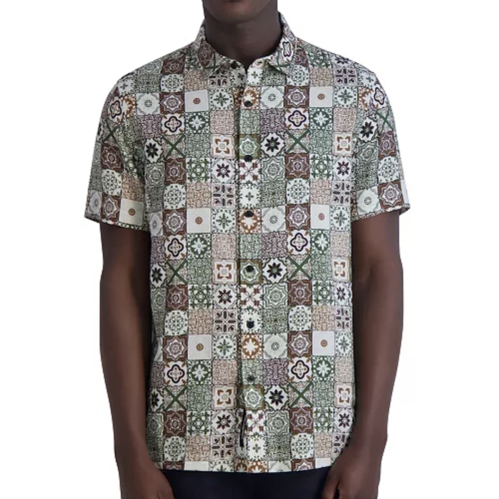 Karl Lagerfield Paris Men's Slim Fit Medallion Print Short Sleeve Button Large